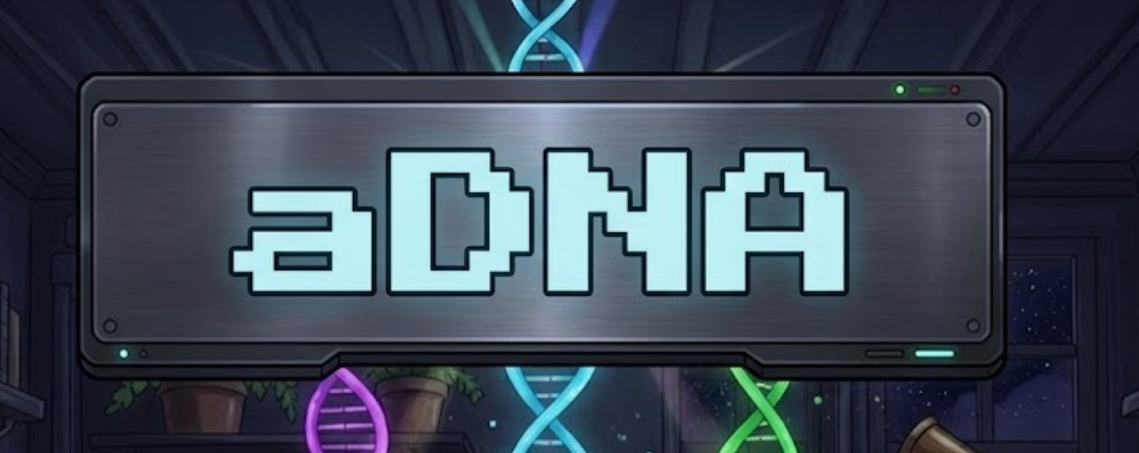 aDNA — retro pixel-art wordmark on a metal plate, set against glowing DNA helices rising from a workspace of laboratory instruments