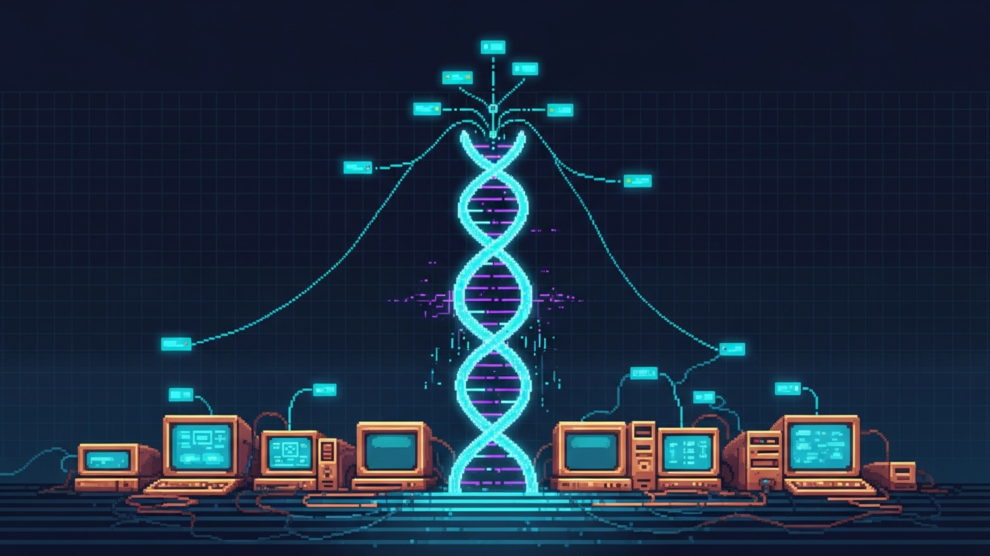 A pixel-art hero in the Tokyo Night palette: a glowing cyan DNA double-helix rising from a row of small computers and branching at the top into a network of connected nodes — shared inheritance resolving into the aDNA network.