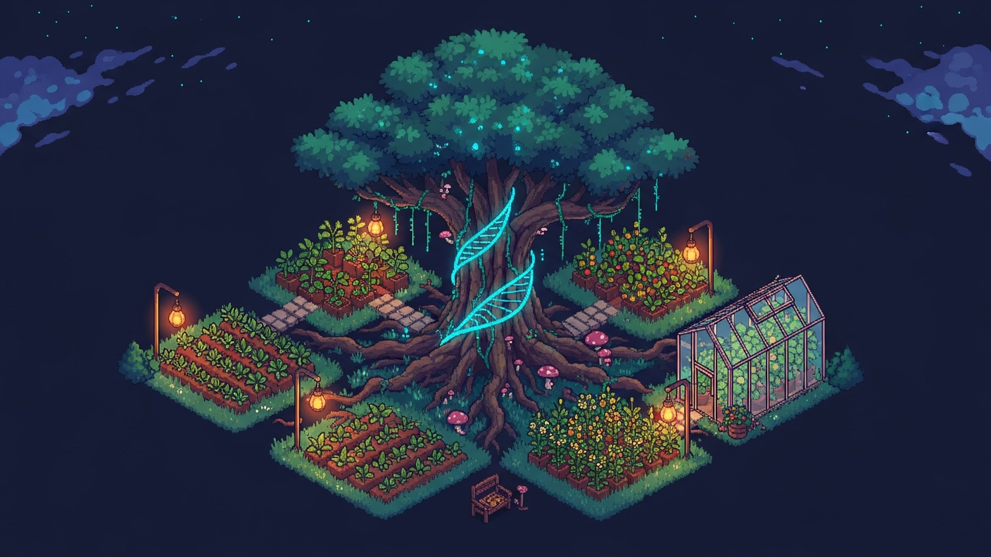 A warm pixel-art bird's-eye view of a communal night garden: one great tree at the centre with several distinct, individually-tended plots — a vegetable bed, a flowering terrace, an orchard, and a glasshouse — each lit by its own amber lantern and joined only by the tree's roots and branches. The shared commons that mission-aligned subnetworks tend together.