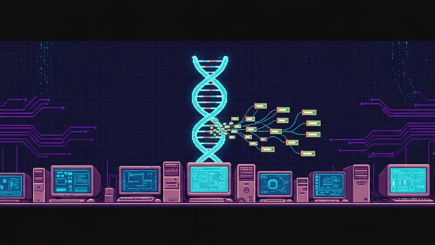 Cozy pixel-art scene of a desk and computer with a glowing cyan DNA helix rising from the screen — a new aDNA workspace coming alive