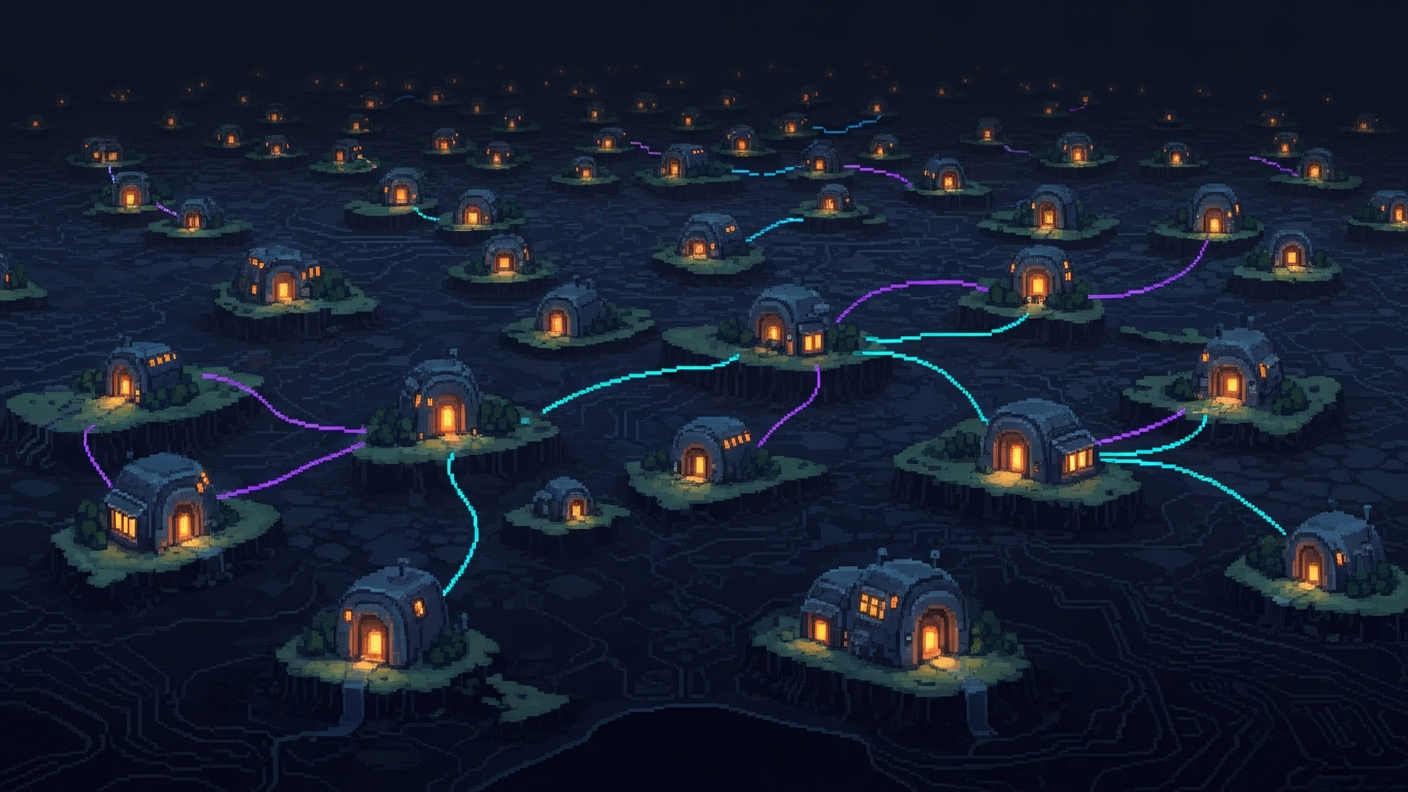 A wide bird's-eye pixel-art map of many small, independently lit settlements scattered across a dark Tokyo-Night ground, a few linked by glowing cyan and purple conduits — aDNA computers, each its own place, sparsely federated.