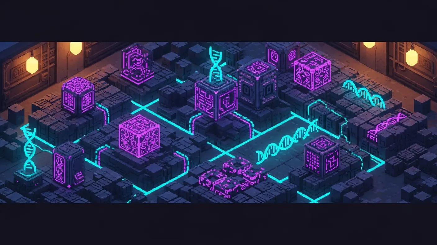 Isometric pixel-art map of modular vault-blocks linked by glowing cyan and purple seams — reusable aDNA patterns