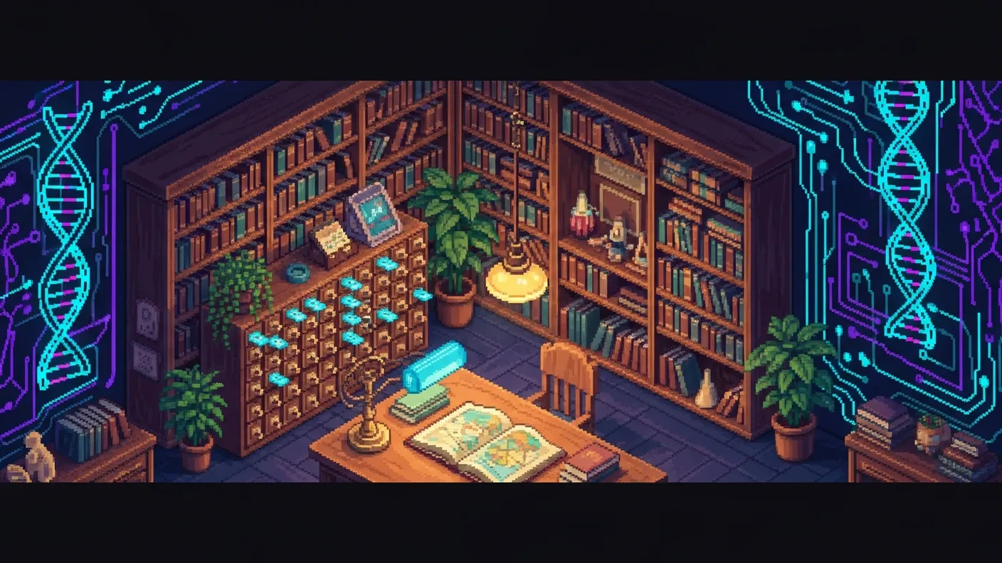 Cozy pixel-art archive library with warm-lit shelves of books and a brass reading lamp — the canonical aDNA reference